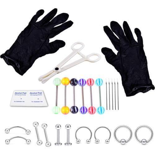 Tongue Nose Belly Button Body Jewelry Piercing Rings Clamp Gloves Needles Tool Kit Ear Plug Prong Earrings Internally Threaded