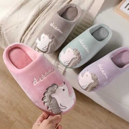 Cute Hedgehog Women Winter Home Slippers Cartoon Animal Slip On Soft Warm House Shoes Men Ladies Couple Indoor Bedroom Footwear