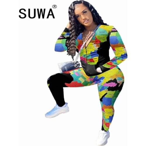 Joggers Women Sets Clothes Map Printed Zipper Long Sleeve Coats Top And Sweatpants Trousers Trendy Autumn Newest Wholesale