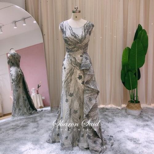 Elegant Grey Mermaid Turkish Evening Dresses Dubai Long Sparkly Rhinestones Arabic Wedding Party Dress Women Formal Prom Gowns