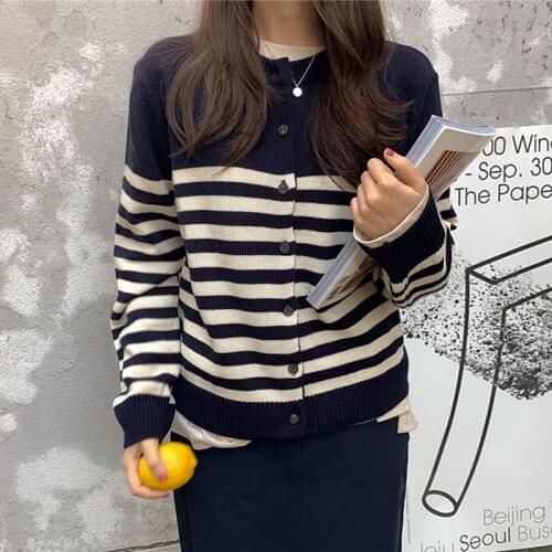 2021 Winter Spring Striped Cardigans O Neck Loose Knitted Womens Sweater Coat Female Thicken Cardigan Knitwears