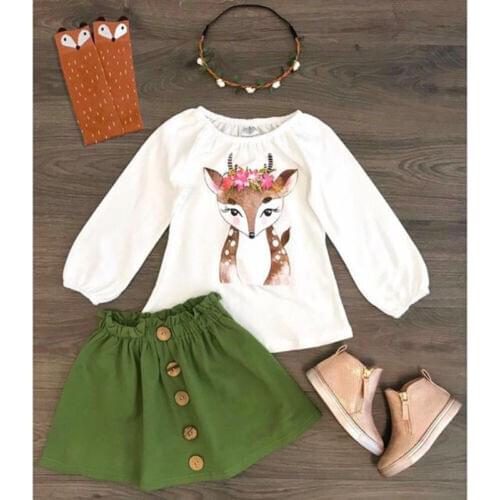 2021 Spring Autumn New 2PCS Children Toddler Kids Baby Girl Clothes Set Xmas Deer Tops +Skirts Outfit Clothing Sets