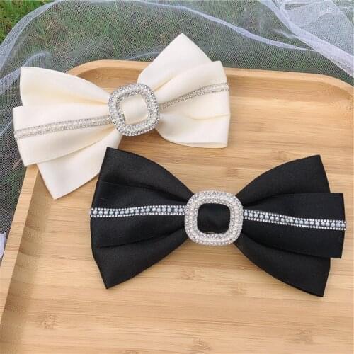 Korean Bow Hair Clips Round Rhinestone Handmade Headdress Simple Atmosphere Hairpin For Women