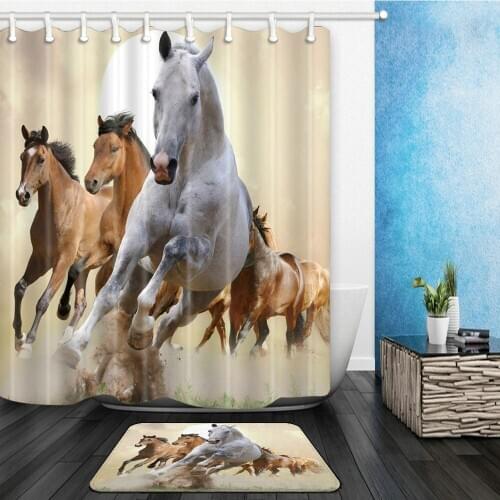 Brown Gray Running Horse Shower Curtains Set Strong Animal Bathroom Decor Home Bath Waterproof Curtain and Flannel Mat 40x60 cm