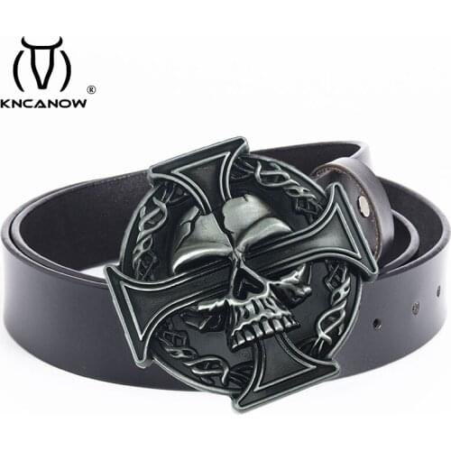 Western Cowboy Man Punk Style Belt Buckle Skull Head Cross Skeleton Pattern Mens Genuine Leather Belt Personality Gift For Male