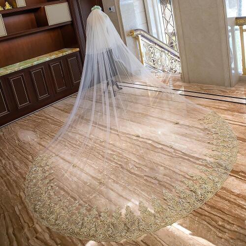 Lace Gold Embroidery Wedding Veil Soft Tulle 3.5m Luxury Bridal Voile Mariage With Face Veils Accessori Sposa