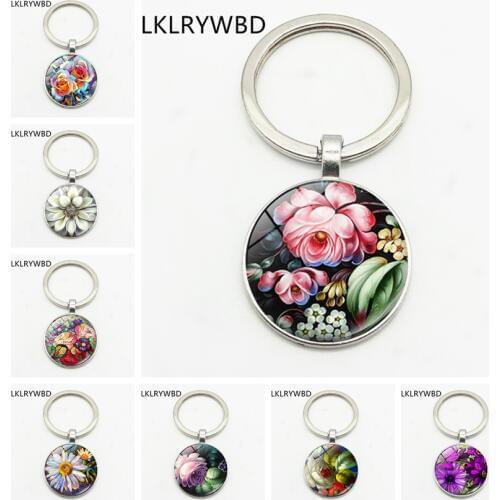 LKLRYWBD / Vintage Flowers Floral Key Fashion Keychain Key Ring Jewelry Pendant Convex Glass Keychain