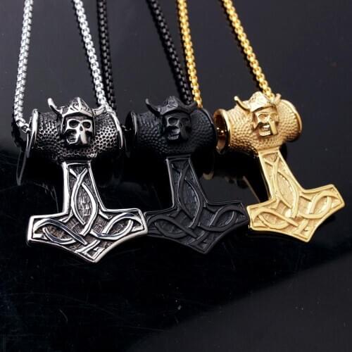 Cool Mens High Quality 316L Stainless Steel Thors Hammer Skull Skeleton Head Pendant Necklace Christmas Gift