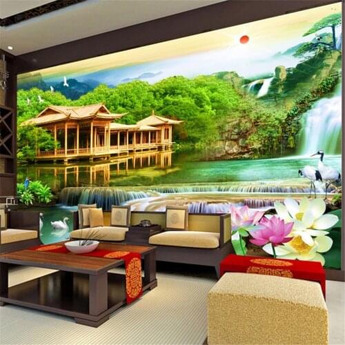 3d Wallpaper Mountain Nature Landscape Louts Mural De Parede Waterfall Wooden House Wallpaper For Bed Room