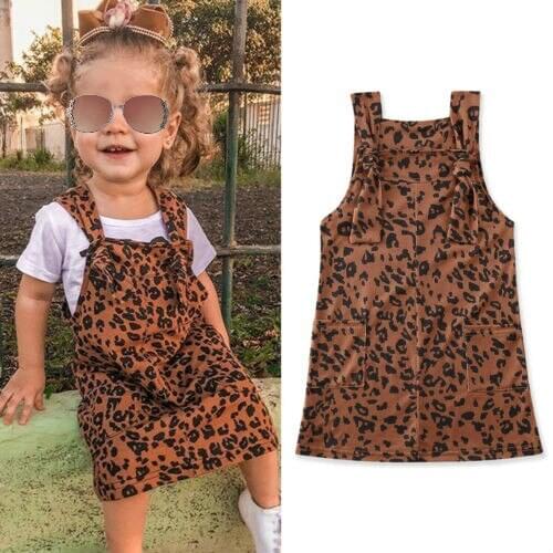 New 1-6Y Girl Leopard Print Sleeveless Suspender Bib Straight Overalls Dress Baby Outfits Girls Dresses Kids Clothes