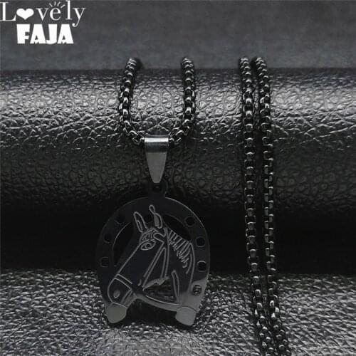 2021 Fashion Horseshoe Horse Stainless Steel Necklaces Chain for Women/Men Black Color Long Necklace Jewelry colares N2254S03