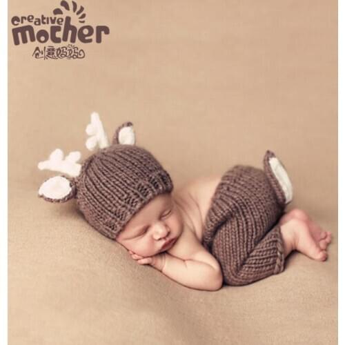 Newborn Baby Photography Props Knitted Deer Baby Clothes Shooting Accessories Infant Boys Girls Costume Crocheted Handmade Outfi