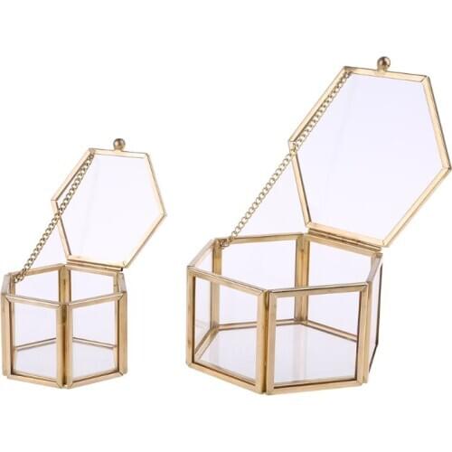 Nordic Hexagon Transparent Glass Wedding Ring Box Eternal Flower Storage Decor