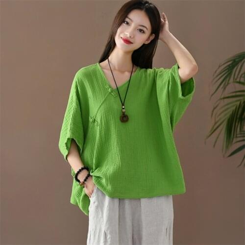 2020 Women Cotton Linen Shirt Vintage Casual Loose Blouse Batwing Sleeve Candy Color V-Neck Freesize Tops Shirts