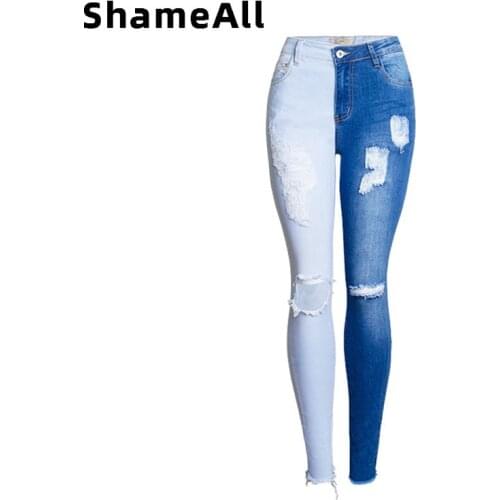 Patchwork Pencil Mom Jeans for Girls High Waist Plus Size Boyfriends Pants Women Stretch Slim Contrast Denim Ripped Trousers