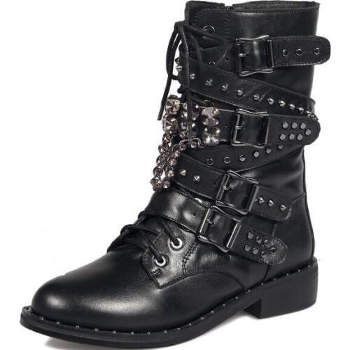 Moraima Snc Rivets Studded Motorcycle Leather Boots Woman Lace-up Riding Boots Winter Flat Ankle Boots Black