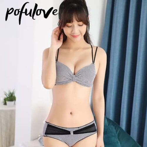 Girl Bra Set Push Up Bras Plaid Butterfly Kawaii Cute Wireless Bralette and Panty Sets Lingerie Japanese Sweet Student Brassiere