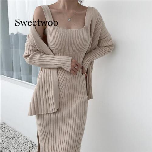 2020 New High quality winter Womens Casual Long Sleeved Cardigan + Suspenders Sweater Vest Dress Two Piece Dress Suit