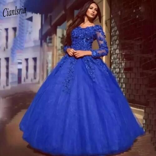 Royal Blue Off The Shoulder Ball Gown Quinceanera Dresses With Handmade Flowers Appliques Long Sleeves Sweet 16 Prom Dresses