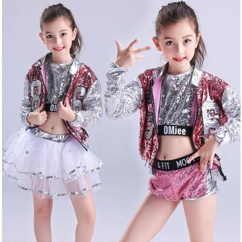 3 PCS/set Girls Competition Sequins Ballroom Jazz Hip Hop Dance Kid Performance Costumes Stage wear Dancing Clothing Outfits