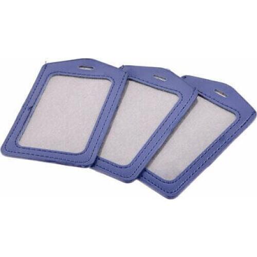 3 Pcs Dark Blue Faux Leather Clear Plastic Office ID Card Holder