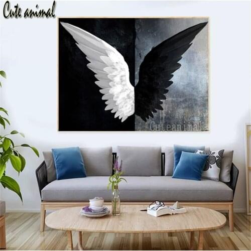 5D Diy Diamond Painting Full Drill Square Diamond Embroidery Angel Black And White Wings Cross Stitch Rhinestone Diamond Mosaic