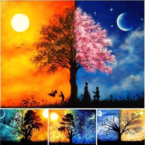 DIY 5D Diamond Painting Landscape Tree Day And Night Cross Stitch Embroidery Picture Full Round&Square Drill Home Decoration