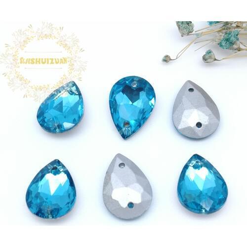 Turquoise blue water-drop shape Glass Crystal sew on rhinestones with two holes Diy wedding dress accessories Free shipping