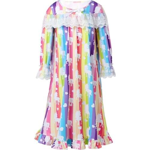 Children Girls Pajamas Princess Nightgown Long Sleeve Kids Sleepwear Lace Embroidered Rainbow Cartoon Horse Print Night Dress