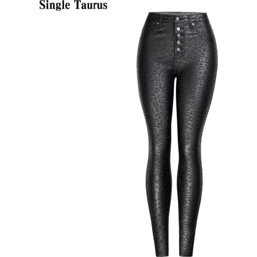 Button Fly High Waist Pants Women Leopard Print Skinny Jean Leather PU Coated Denim Black Jeans Streetwear Winter Vaqueros Mujer