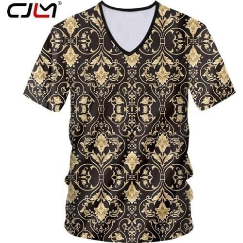 CJLM V Neck Tshirt Man New Fashion Baroque 3D Printing Luxury golden pattern Hip Hop 6XL 7XL Clothes Male Spring Tee Shirt