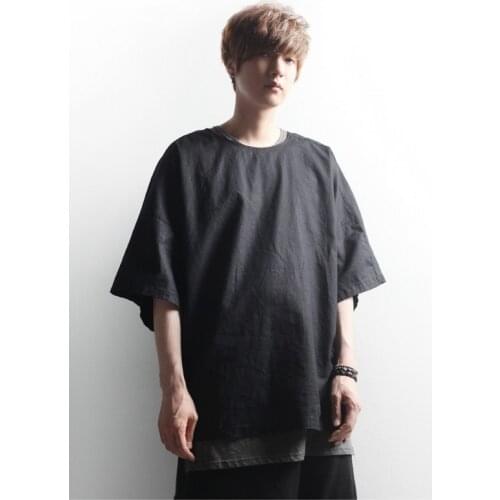 Summer mens top fashion round neck loose short sleeve solid linen T-shirt versatile