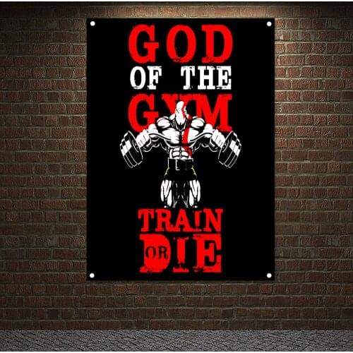 GOD OF THE GYM TRAIN OR DIE Man Muscular Body Workout Banner Wall Hanging Inspirational Poster Tapestry Wall Art Flag Gym Decor