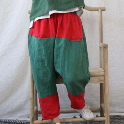 Johnature 2021 Autumn New Cotton Linen Retro Patchwork Elastic Waist Cross-pants Loose Casual All-match Women Ankle-length Pants