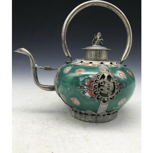 Collection China Tibet silver hand-carved animal monkey armor porcelain teapot