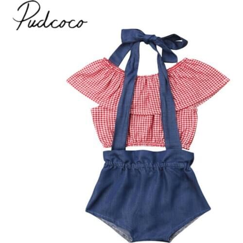 2019 Children Summer Clothing Infant Baby Girl Clothes Sets Ruffle Plaid Crop Tops Denim Bib Shorts Overall Outfit 2pcs Sunsuit