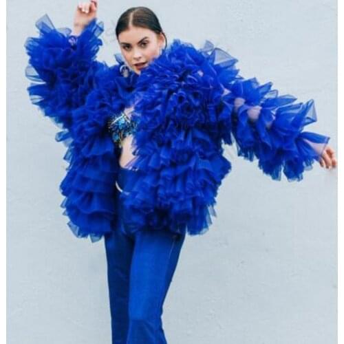 Royal Blue Lush Tops Women топ женский Women Blouse Ruffles Fashion ropa de mujer blusa feminina Fluffy Shirt For Women