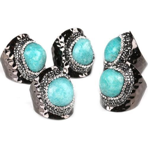 Natural Blue Cutted Brazil Amazon Semi Precious Stone Bead Charm Wrap Resizable Wide Gun Black Open Hammered Ring Cuff Unisex