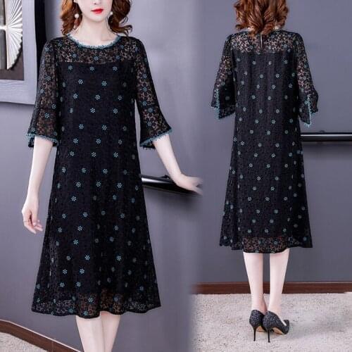 2021 French Style Embroidery Middle Aged Mother Robe Dress Lace Vintage Floral Ladies Dresses Plus Size 3xl Black Blue Split