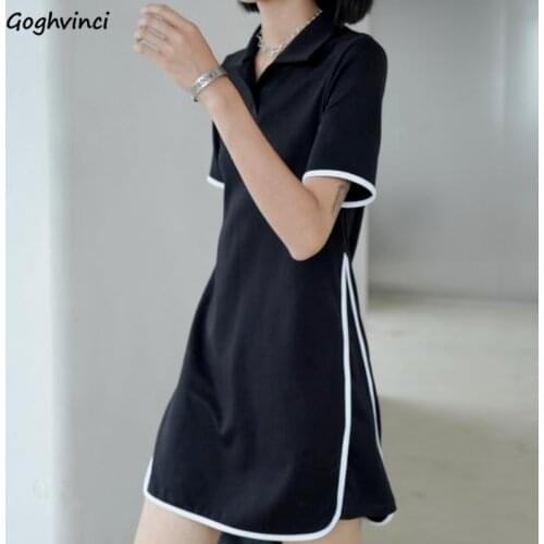 Short Sleeve Dress Women Black Patchwork Side-slit Loose Waist Streetwear Ins Classic Simple Soft Popular College Fashion Mujer