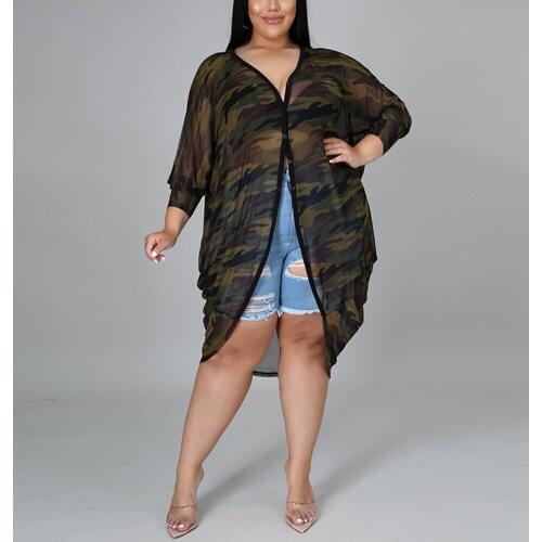 Plus Size Camouflage Printed Shirts Single Breasted See Through Long 4XL 5XL Large Fashion Evening Night Dinner Blouse Tops Big