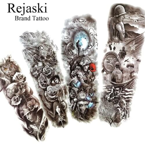 Rejaski Full Arm Soldier Warrior Tattoos Temporary Women Men Body Art Tattoo Stickers Waterproof Henna Rose Flower Tatoos Decals