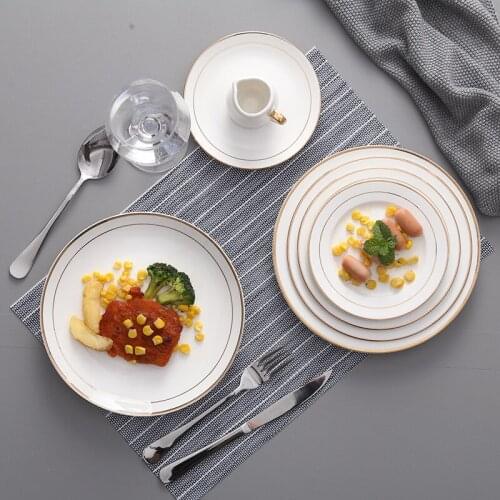 Nordic ceramic steak plate with double golden rim home dinner plates hotel countertop decorative porcelain round tableware