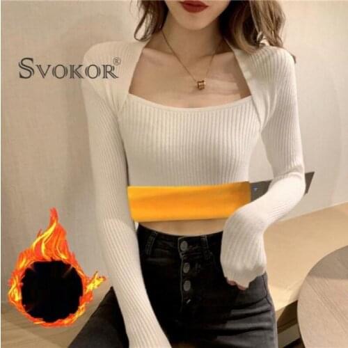 SOKOR Sexy Winter Warm Top Square Collar Long Sleeve Sweaters Knitted Pullover Sweater Winter Tops for Women Black Jumper