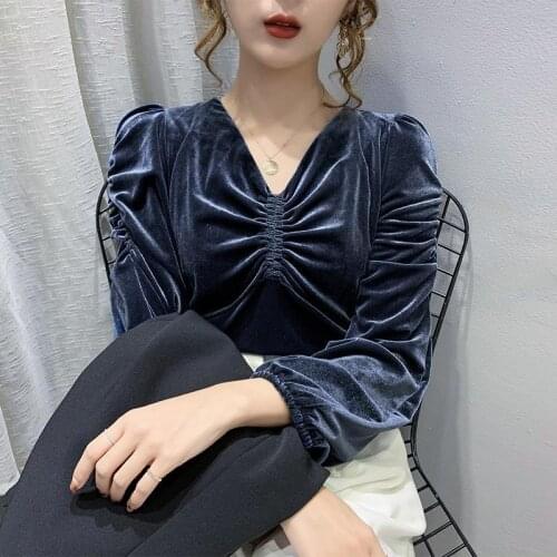 Womens T Shirt V Neck Pure Color Pleated Bubble Long Sleeve Velvet Elegant Tops Wholesale Autumn New Fashion Female Clothing