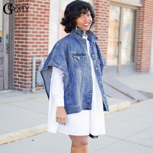 GBYXTY Streetwear Casual Batwing Sleeve Loose Oversize Denim Coat Women Fashion Irregular Side Open Jeans Cloak Jacket ZL1230