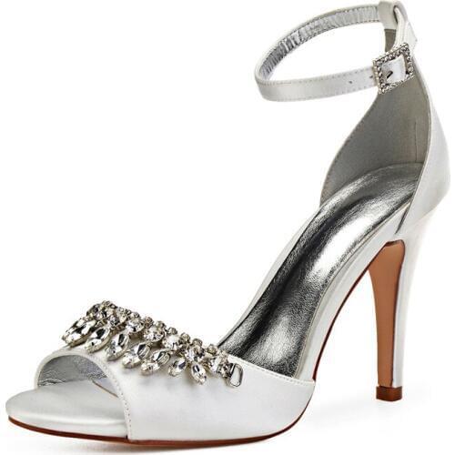 High Heels Satin Crystals Wedding Sandals Shoes Women Open Toe Ankle Buckle Strap Rhinestones Formal Wedding Party Dress Sandals