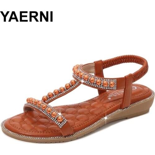 YAERNI High Quality Sandals Summer Shoes Spot Sales Sandals For Womens Studded Crystal Shoes Wedges Elastic Strap Roman Sandals