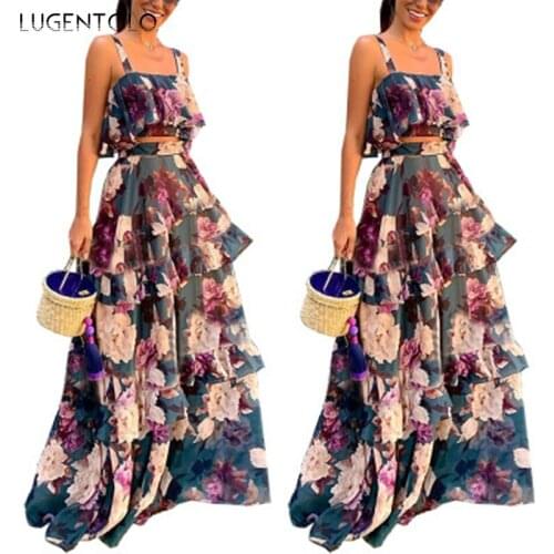 Women Sexy Two-piece Set Summer Chiffon Short Spaghetti Strap Tops High Waist Big Swing Skirts Print Lady Casual SetsLugentolo