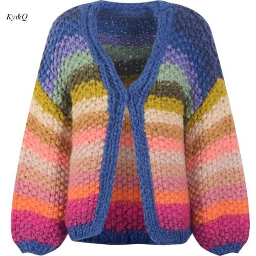 High Quality Retro Fashion Rainbow Color Matching Thick Needle Knit Cardigan Womens 2021 Autumn Winter New Loose Sweet Sweater